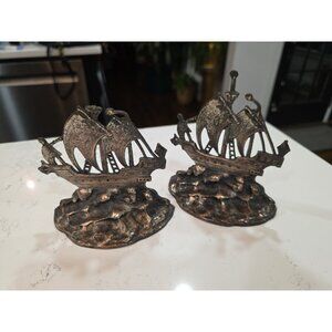 Segar Studios Ship & Sea Bookends 1910s Bronze & Brass Nautical Design
